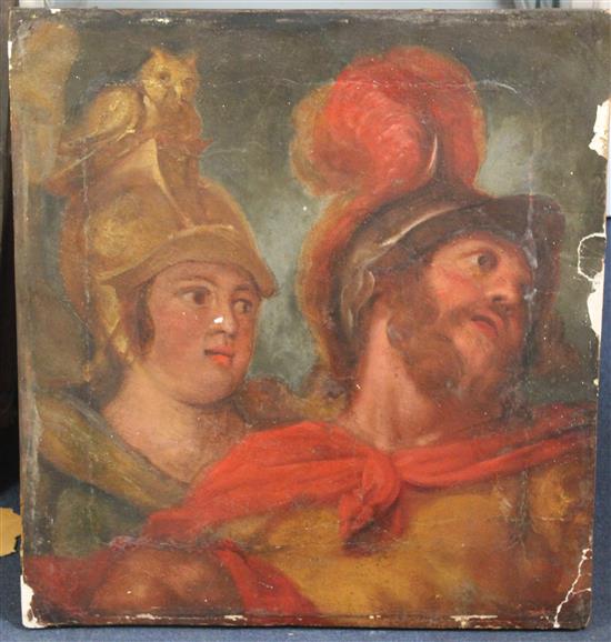 Antonio Verrio (c.1639-1707) Head study of classical soldiers, one with an owl crested helm, 26 x 24in. ebonised gilt frame